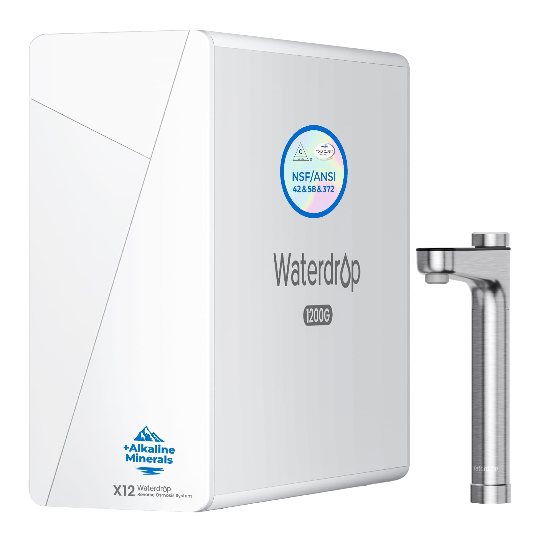 Equipo blanco Waterdrop X12 con su grifo digital metálico
